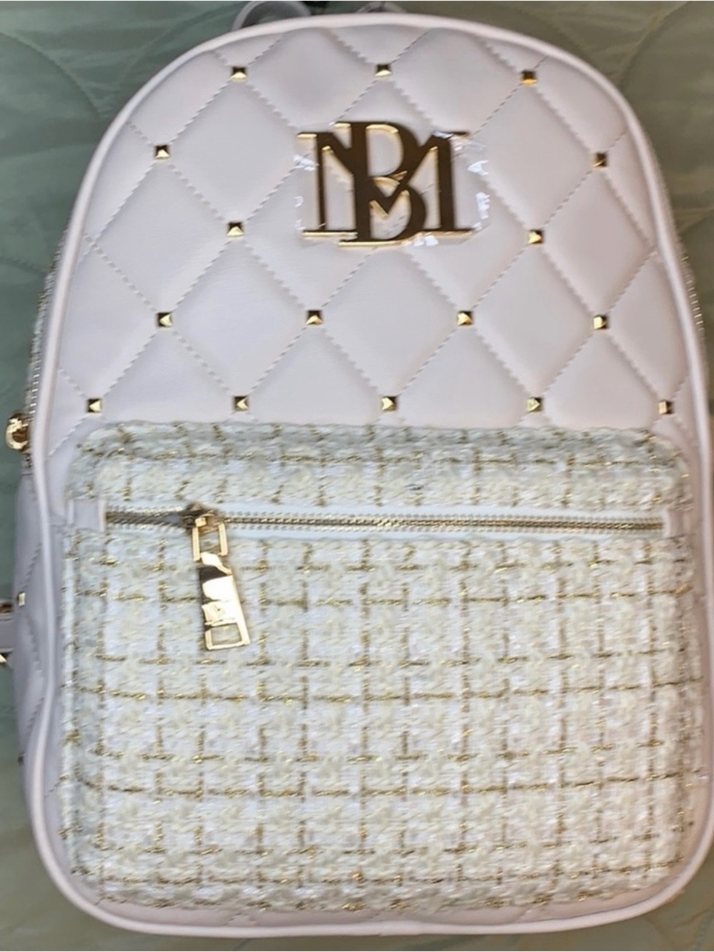 NWT - Bartley Mischka Backpack with Tweed Front Pocket - White & Gold